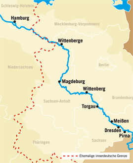 Karte mit dem Verlauf der Elbe sowie der ehemaligen Grenze zwischen der Bundesrepublik und der DDR