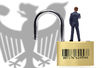 Miniaturfigur auf einem offenen Vorhängeschloss mit Strichcode