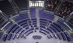 Der Plenarsaal  des Deutschen Bundestages von oben: die Sitze sind nach Fraktionen gegliedert