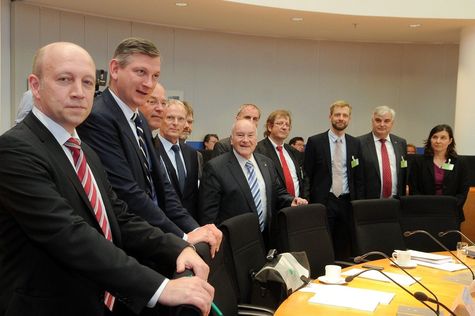Der Vorsitzende und die Sachverständigen der Anhörung zur Beschleunigung des Netzausbaus am 15. April 2013