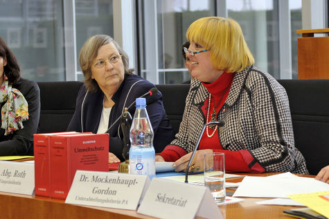 Bärbel Höhn und Claudia Roth sitzen im Ausschusssitzungssaal, Roth spricht in das Tischmikrofon 