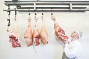 Fleischer bei der Verarbeitung von Schweinekeulen