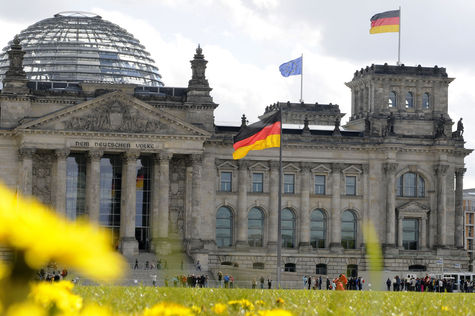 Gelbe Blumen auf der Wiese vor dem Reichstagsgebäude