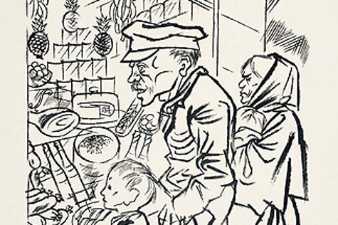 Hunger: Große Bevölkerungskreise litten unter Armut und Mangelernährung. Die Darstellung einer hungernden Familie vor der Auslage eines Delikatessengeschäftes prangert die ungerechte Verteilung von Gütern an. George Grosz, 1924