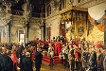 Reichstagseröffnung im Weißen Saal des Berliner Schlosses am 25. Juni 1888: Im »Dreikaiserjahr« eröffnete Wilhelm II.den Reichstag im Weißen Saal des Stadtschlosses. Auf der linken Seite sind zahlreiche Abgeordnete zu sehen. Anton von Werner