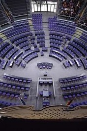 The plenary chamber of the German Bundestag from above: the seats are arranged by parliamentary group