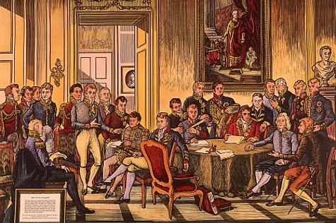 Holzstich, um 1880: Sitzung der Bevollmächtigten der acht an dem Pariser Frieden beteiligten Mächte