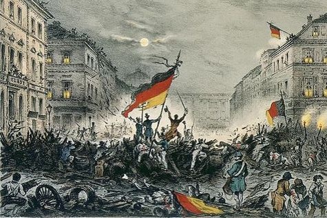 Revolution 1848 in Berlin: Straßenkämpfe in Berlin am 18./19. März 1848. - 'Erinnerung an den Befreiungskampf in der verhängnisvollen Nacht vom 18- 19 März 1848'. - (Barrikade in der Breiten Strasse). / Kreidelithografie