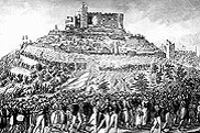 Contemporary engraving showing demonstrators heading in procession to Hambach Castle