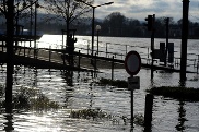 Überschwemmte Uferstraße am Rhein