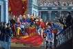 Maximilian I. von Bayern übergibt die Verfassungsurkunde vom 26. Mai 1818: Anhänger liberaler Ideen begrüßten ihren Erlass. Trotz des fortschrittlichen Inhaltes trug die Verfassung für sie aber den Makel, oktroyiert worden zu sein. Peter Ellmer