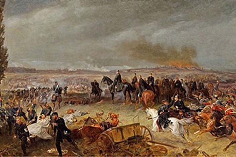 Die Schlacht von Königgrätz: In der Mitte des Gemäldes beobachten König Wilhelm I., Otto von Bismarck, Albrecht von Roon und Helmuth Graf von Moltke den kriegsentscheidenden Sieg der Preußen über die Österreicher am 3. Juli 1866.