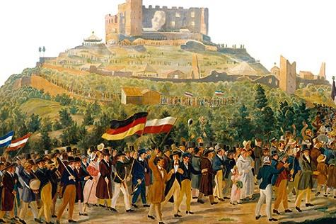 Zug zum Hambacher Schloss am 27. Mai 1832: Die Teilnehmer folgten einer Einladung des liberal-demokratischen "Preß- und Vaterlandsvereins". In vielen Reden wurden Einheit und Freiheit Deutschlands und anderer europäischer Länder beschworen.