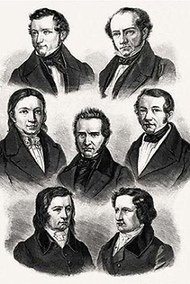 Die Göttinger Sieben: Georg Gottfried Gervinus, Wilhelm Eduard Albrecht, Heinrich Ewald, Friedrich Christoph Dahlmann, Wilhelm Eduard Weber, Wilhelm Grimm, Jacob Grimm (v.l.n.r.). Holzstich, nach 1837