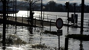 Überschwemmte Uferstraße am Rhein