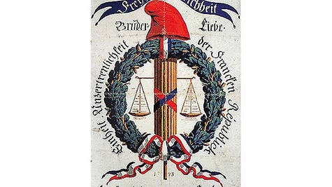 Freyheit - Gleichheit: In vielen deutschen Staaten sympathisierten Menschen mit der Französischen Revolution. Die rote Jakobinermütze war auch für sie revolutionäres Symbol und ein Sinnbild der Freiheit. Flugblatt, 1793