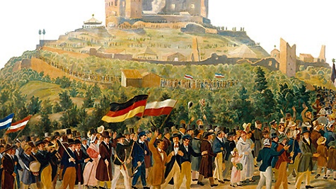 Zug zum Hambacher Schloss am 27. Mai 1832: Die Teilnehmer folgten einer Einladung des liberal-demokratischen "Preß- und Vaterlandsvereins". In vielen Reden wurden Einheit und Freiheit Deutschlands und anderer europäischer Länder beschworen.