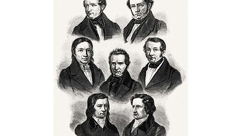 Die Göttinger Sieben: Georg Gottfried Gervinus, Wilhelm Eduard Albrecht, Heinrich Ewald, Friedrich Christoph Dahlmann, Wilhelm Eduard Weber, Wilhelm Grimm, Jacob Grimm (v.l.n.r.). Holzstich, nach 1837