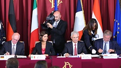 Norbert Lammert, Laura Boldrini, Claude Bartolone and Mars di Bartolomeo at the signing of the Europe Declaration on 14 September in Rome