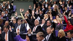 Abgeordnete stimmen mit Handzeichen ab.