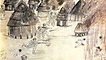 gemaltes Bild eines von Soldaten überfallenen Dorfes