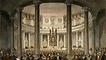 Das erste deutsche Parlament in der Paulskirche: Das Gemälde "Germania" von Philipp Veit hing über dem Sitz des Parlamentspräsidenten. Die Galerie der Kirche war für Besucher geöffnet, die mit großem Interesse die Verhandlungen verfolgten.