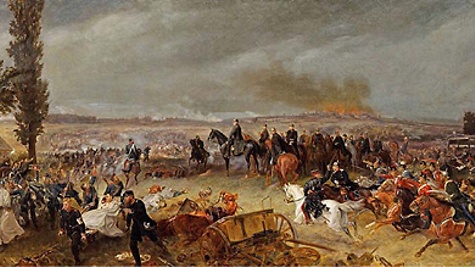 Die Schlacht von Königgrätz: In der Mitte des Gemäldes beobachten König Wilhelm I., Otto von Bismarck, Albrecht von Roon und Helmuth Graf von Moltke den kriegsentscheidenden Sieg der Preußen über die Österreicher am 3. Juli 1866.