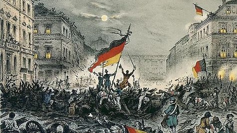 Revolution 1848 in Berlin: Straßenkämpfe in Berlin am 18./19. März 1848. - 'Erinnerung an den Befreiungskampf in der verhängnisvollen Nacht vom 18- 19 März 1848'. - (Barrikade in der Breiten Strasse). / Kreidelithografie