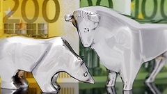 Börsensymbole Bulle und Bär vor Euro Banknoten